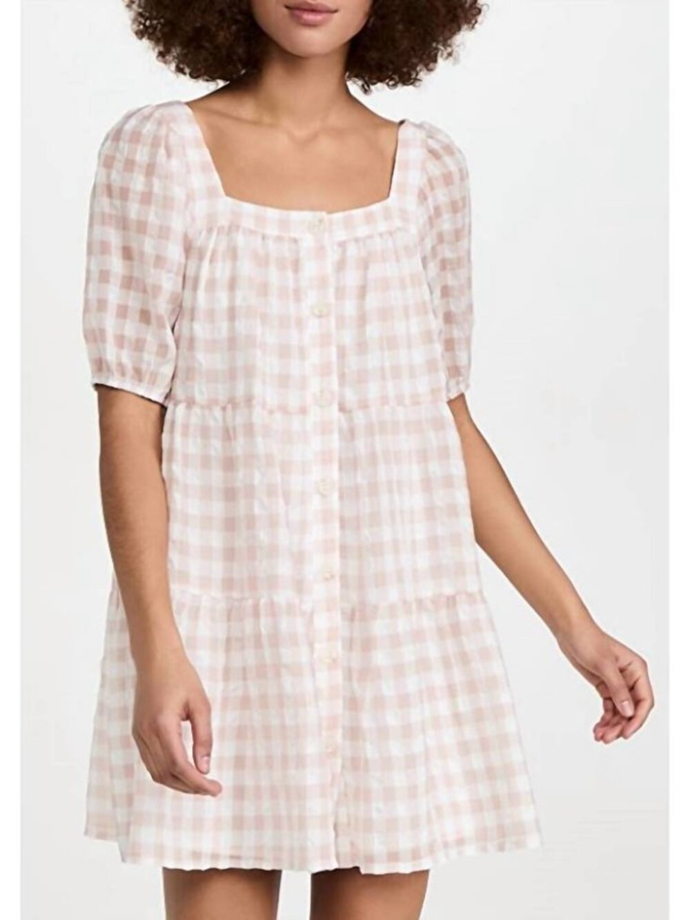En Saison Pink Gingham Peasant Dress with a square neckline and puff sleeves